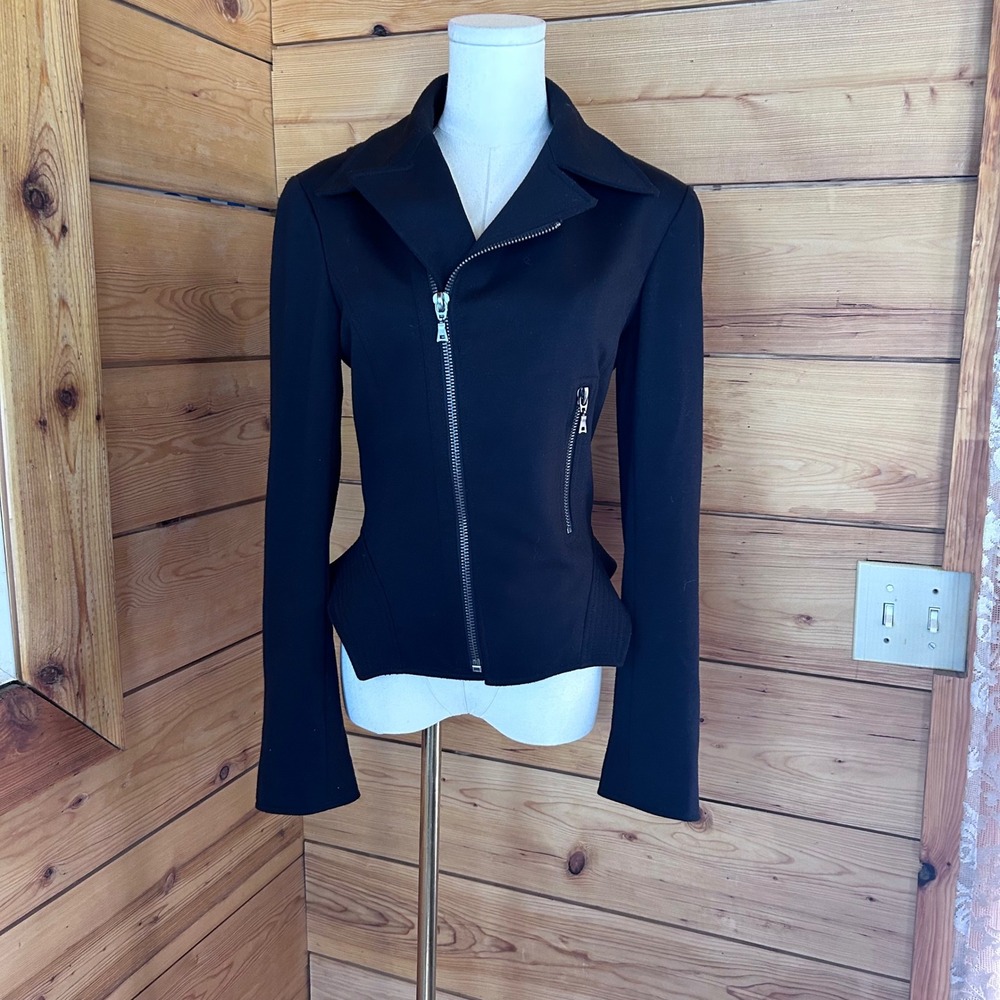 Asymmetrical Moto Blazer Jacket Women Small Black Structured Peplum Hem Tahari